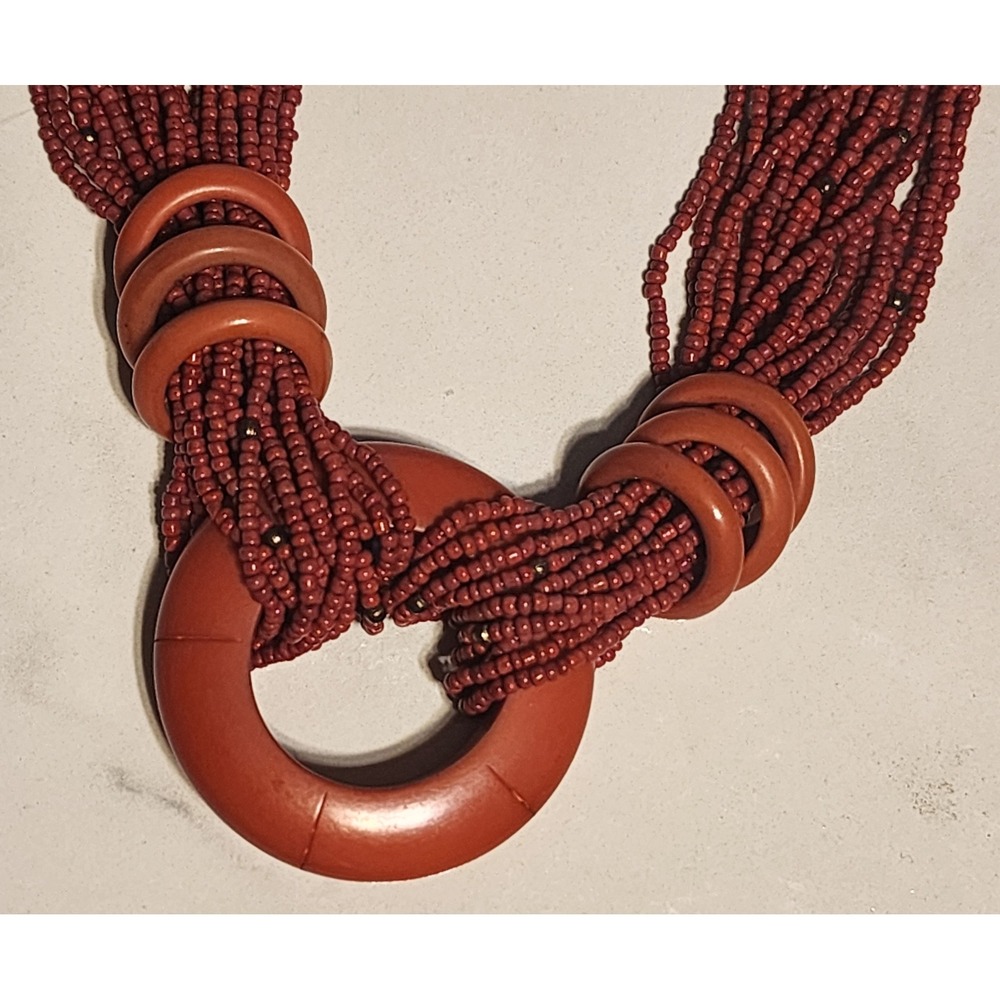 Red Multi Strand Seed Bead Statement Necklace Chunky  26" Southwestern